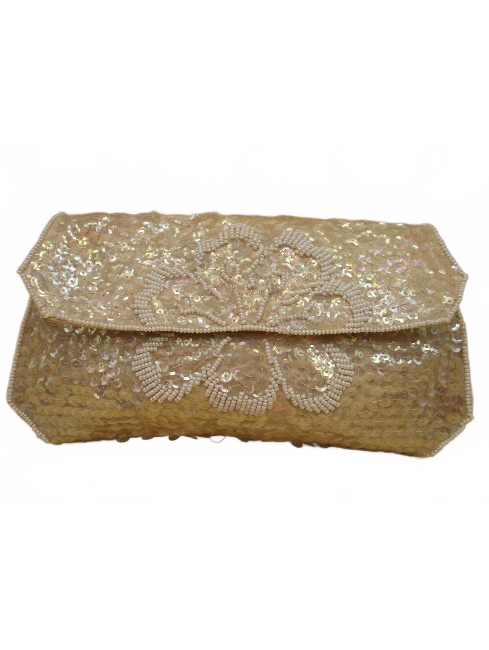 Vintage La Regale Cream Beaded Sequin Evening Clutch Bag